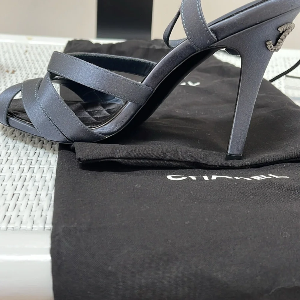 CHANEL embellished blue-grey satin heals sandals size 37 NEW - Picture 10 of 10